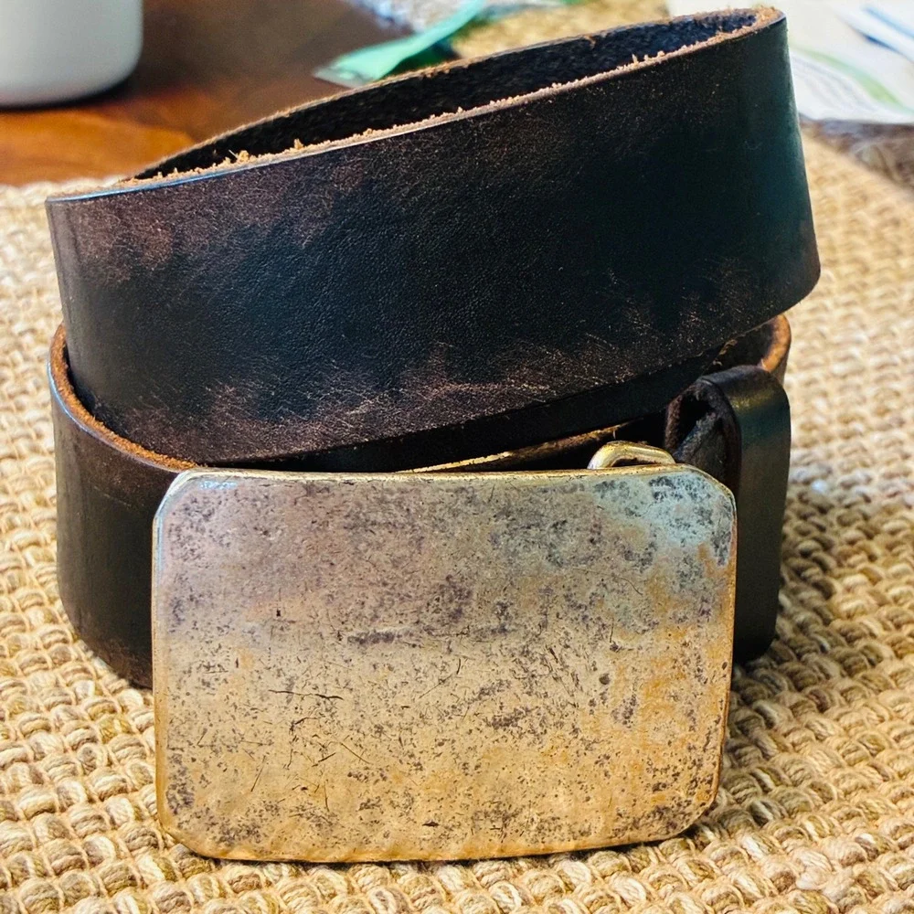 Y2K Aldo Leather Belt Mens Medium Brown Distressed Plaque Buckle